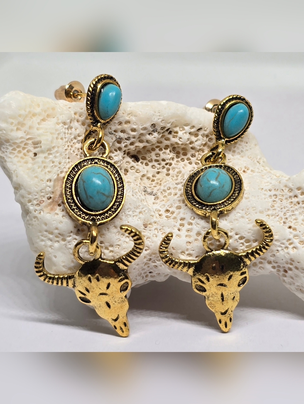 Gold Tone Turquoise Bull Skull Drop Earrings